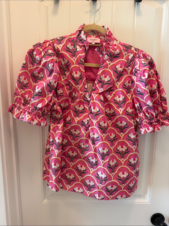 entro Tops - entro Pink Floral Puff-Sleeve Blouse with Ruffle Collar